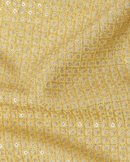 Sunshine yellow square floral mirror embroidered synthetic blended viscose fabric, 110 Cms, India-D23837