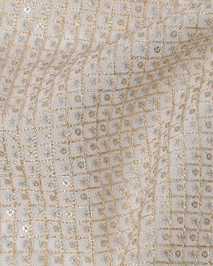Ivory cream square floral mirror embroidered synthetic blended viscose fabric, 110 Cms, India-D23838