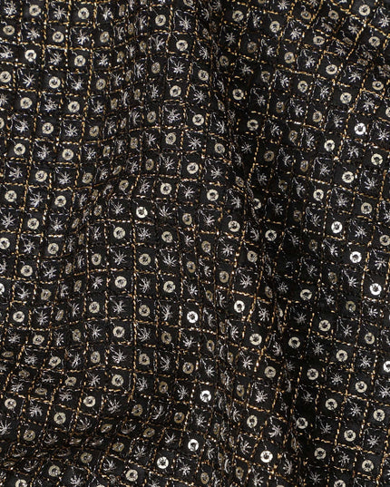 Jet black square floral mirror embroidered synthetic blended viscose fabric, 110 Cms, India-D23839