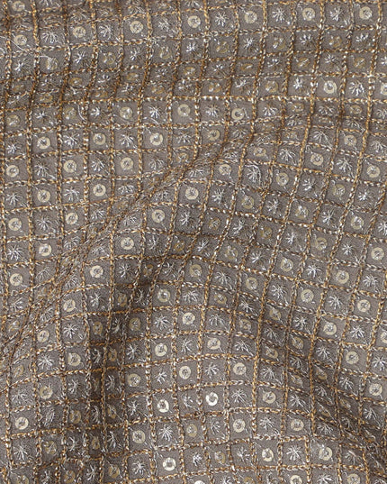 Taupe brown square floral mirror embroidered synthetic blended viscose fabric, 110 Cms, India-D23840