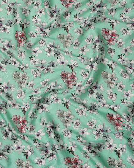 قماش فيسكوز مطبوع عليه زهور باللون الأخضر النعناعي ومطرز بخيوط حمراء، 110 سم، الهند - D23841