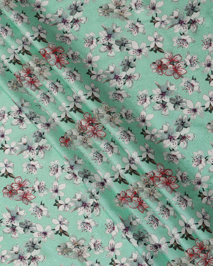 قماش فيسكوز مطبوع عليه زهور باللون الأخضر النعناعي ومطرز بخيوط حمراء، 110 سم، الهند - D23841