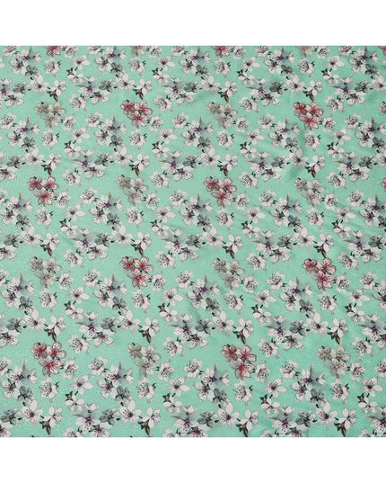 قماش فيسكوز مطبوع عليه زهور باللون الأخضر النعناعي ومطرز بخيوط حمراء، 110 سم، الهند - D23841
