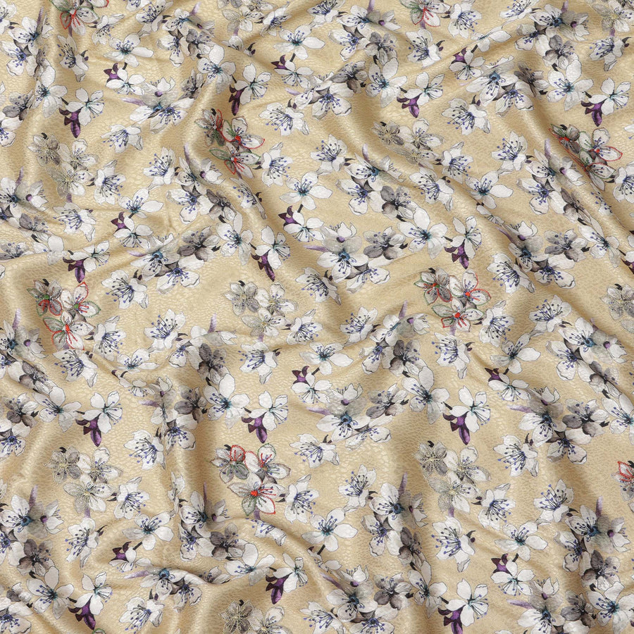 قماش فيسكوز بيج مطبوع عليه زهور ومطرز بخيوط متعددة الألوان، 110 سم، الهند - D23842