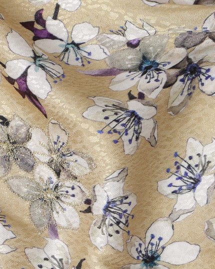 قماش فيسكوز بيج مطبوع عليه زهور ومطرز بخيوط متعددة الألوان، 110 سم، الهند - D23842