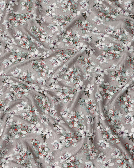 قماش فيسكوز رمادي اللون، مطبوع عليه زهور، مطرز بخيوط متعددة الألوان، 110 سم، الهند - D23843