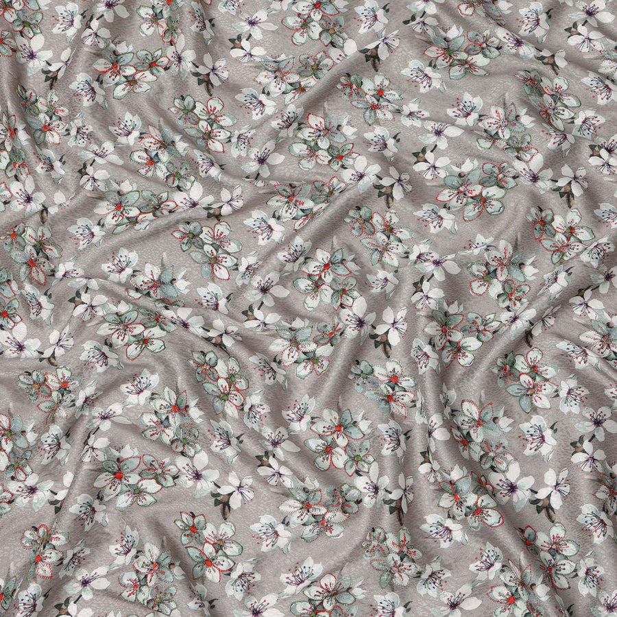 قماش فيسكوز رمادي اللون، مطبوع عليه زهور، مطرز بخيوط متعددة الألوان، 110 سم، الهند - D23843