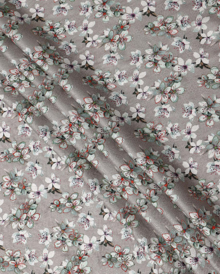 قماش فيسكوز رمادي اللون، مطبوع عليه زهور، مطرز بخيوط متعددة الألوان، 110 سم، الهند - D23843