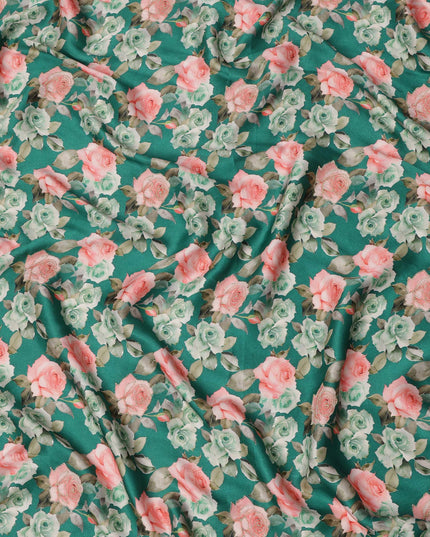 قماش فيسكوز مطبوع عليه زهور وردية خضراء ومطرز بخيوط خفيفة، 110 سم، الهند - D23844