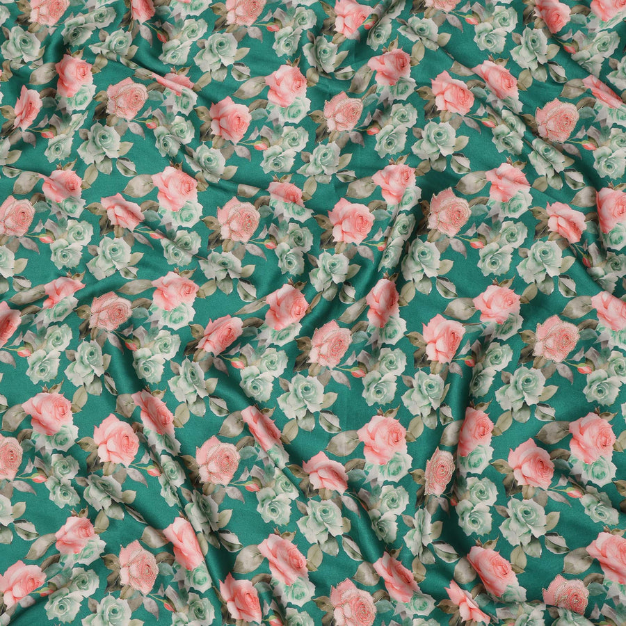 قماش فيسكوز مطبوع عليه زهور وردية خضراء ومطرز بخيوط خفيفة، 110 سم، الهند - D23844