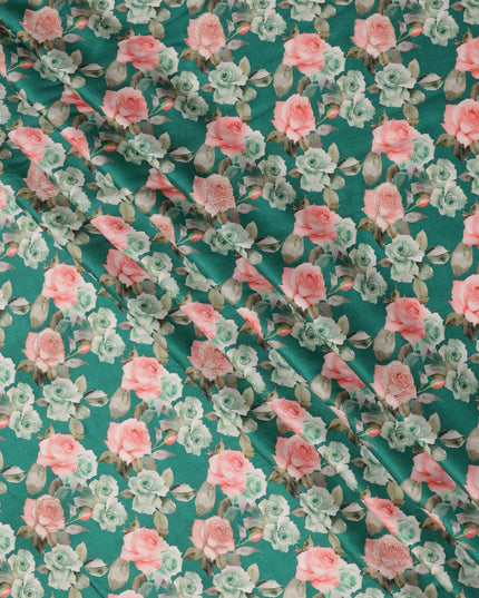 قماش فيسكوز مطبوع عليه زهور وردية خضراء ومطرز بخيوط خفيفة، 110 سم، الهند - D23844