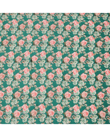 قماش فيسكوز مطبوع عليه زهور وردية خضراء ومطرز بخيوط خفيفة، 110 سم، الهند - D23844