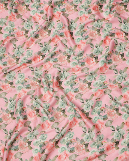 قماش فيسكوز مطبوع عليه زهور وردية اللون ومطرز بدقة، 110 سم، الهند - D23845