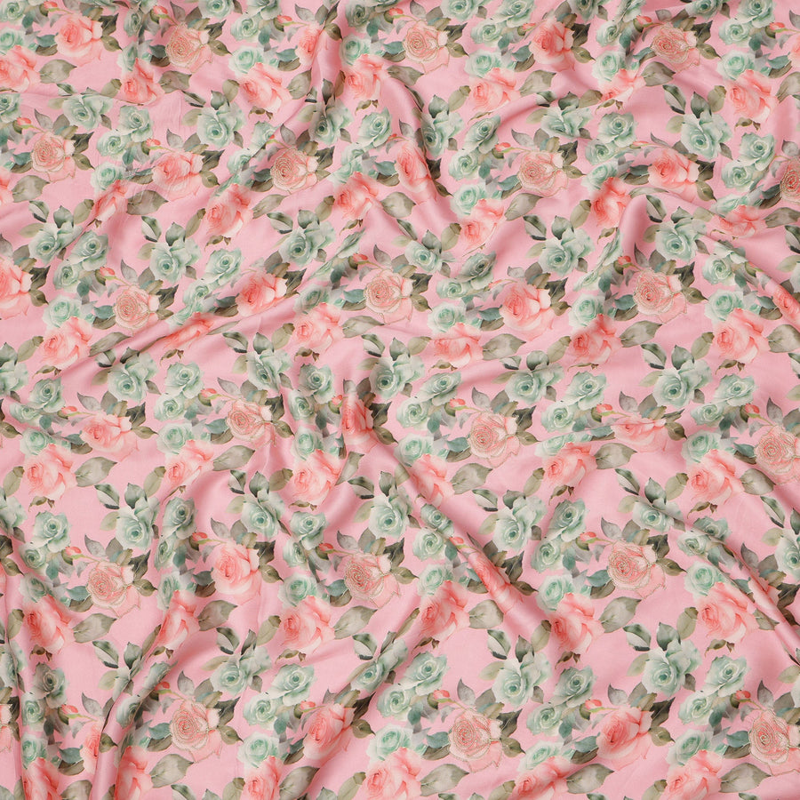 قماش فيسكوز مطبوع عليه زهور وردية اللون ومطرز بدقة، 110 سم، الهند - D23845