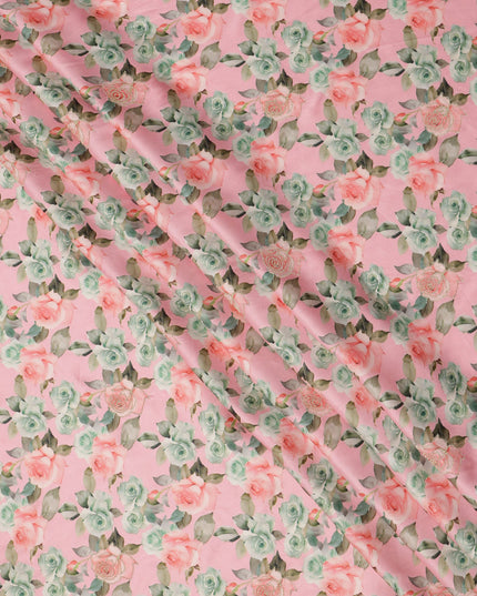 قماش فيسكوز مطبوع عليه زهور وردية اللون ومطرز بدقة، 110 سم، الهند - D23845