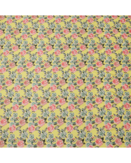 قماش فيسكوز مطبوع عليه زهور وردية صفراء ومطرز بدقة، 110 سم، الهند - D23846