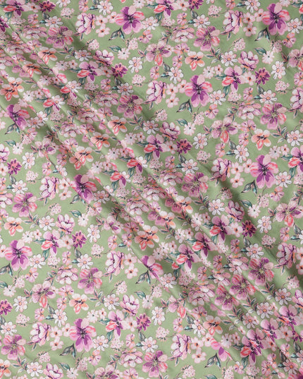 قماش فيسكوز مطبوع عليه زهور باللون الأخضر مع أزهار وردية وأرجوانية، 110 سم، الهند - D23847