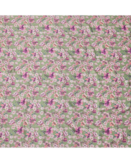 قماش فيسكوز مطبوع عليه زهور باللون الأخضر مع أزهار وردية وأرجوانية، 110 سم، الهند - D23847