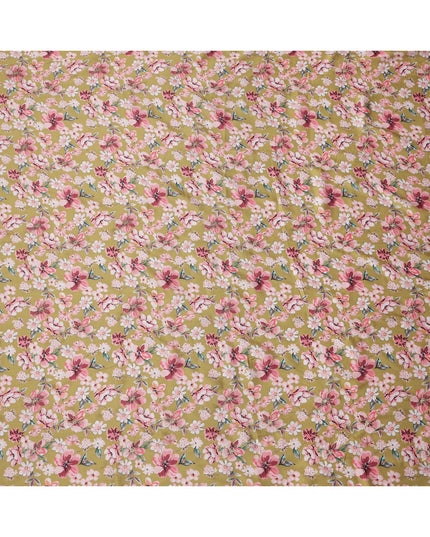 قماش فيسكوز مطبوع عليه زهور بلون الخردل مع أزهار وردية وبيضاء، 110 سم، الهند - D23848