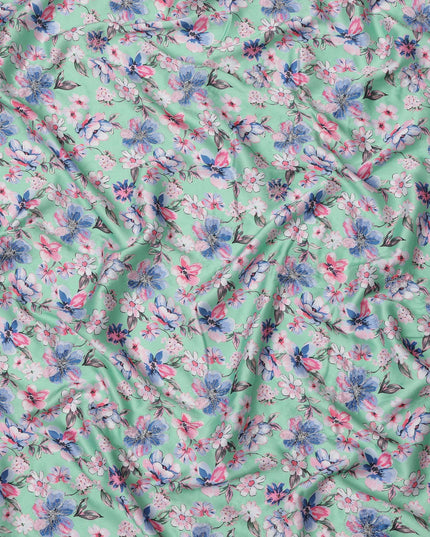 قماش فيسكوز أساسي بلون أخضر نعناعي مع طباعة زهور متعددة الألوان بدرجات اللون الوردي والأزرق والأبيض، 110 سم، الهند - D23849