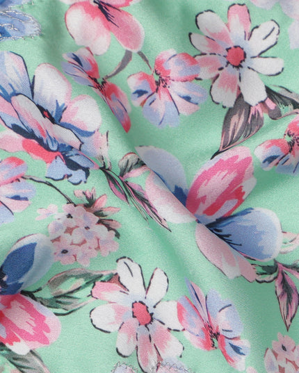قماش فيسكوز أساسي بلون أخضر نعناعي مع طباعة زهور متعددة الألوان بدرجات اللون الوردي والأزرق والأبيض، 110 سم، الهند - D23849