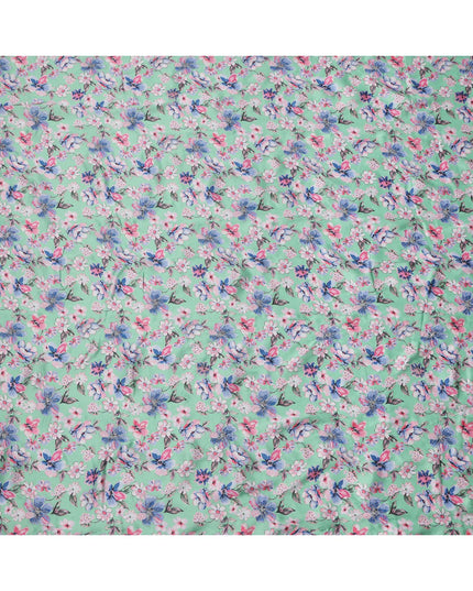 قماش فيسكوز أساسي بلون أخضر نعناعي مع طباعة زهور متعددة الألوان بدرجات اللون الوردي والأزرق والأبيض، 110 سم، الهند - D23849