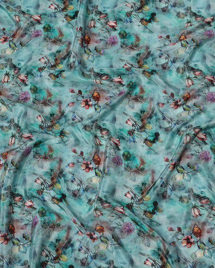 قماش فيسكوز أزرق مخضر بقاعدة بطبعة زهور وأوراق شجر تجريدية متعددة الألوان، 110 سم، الهند - D23850
