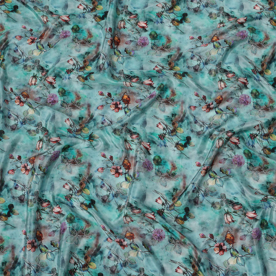 قماش فيسكوز أزرق مخضر بقاعدة بطبعة زهور وأوراق شجر تجريدية متعددة الألوان، 110 سم، الهند - D23850