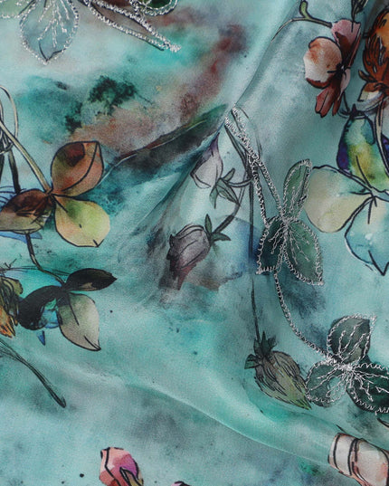 قماش فيسكوز أزرق مخضر بقاعدة بطبعة زهور وأوراق شجر تجريدية متعددة الألوان، 110 سم، الهند - D23850
