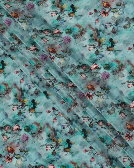 قماش فيسكوز أزرق مخضر بقاعدة بطبعة زهور وأوراق شجر تجريدية متعددة الألوان، 110 سم، الهند - D23850