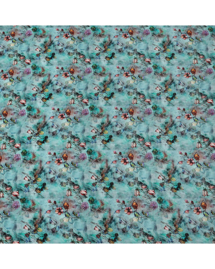 قماش فيسكوز أزرق مخضر بقاعدة بطبعة زهور وأوراق شجر تجريدية متعددة الألوان، 110 سم، الهند - D23850
