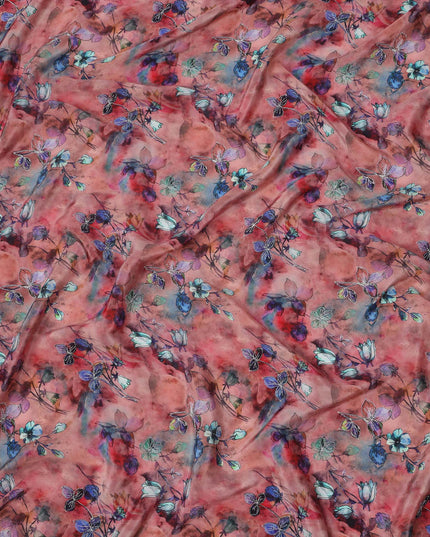 Rust red base viscose fabric with watercolor-style multicolor floral print, 110 Cms, India-D23851