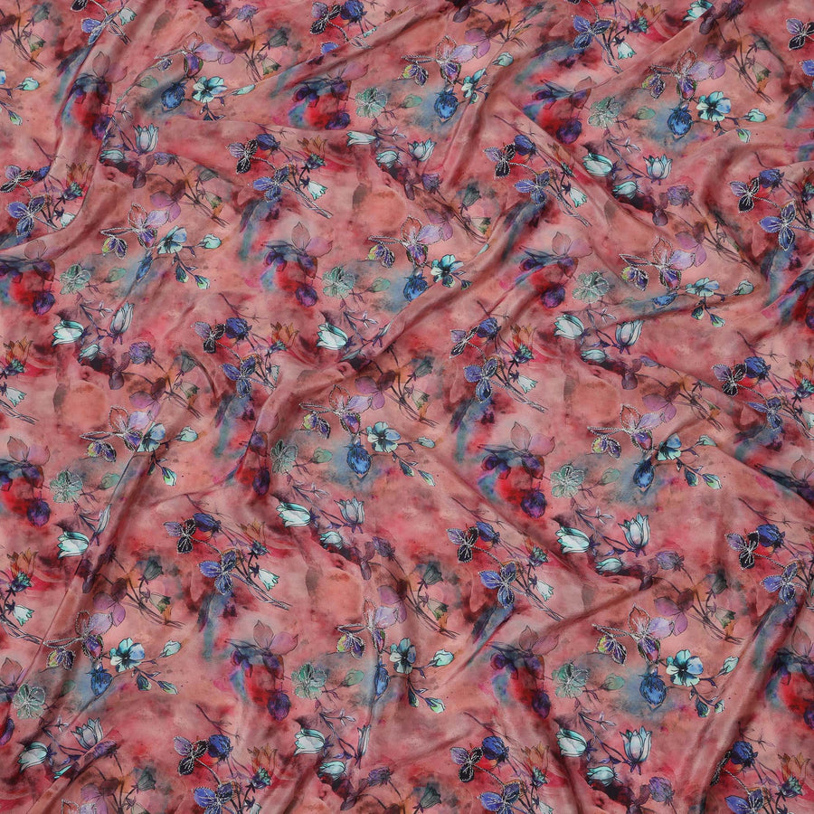 Rust red base viscose fabric with watercolor-style multicolor floral print, 110 Cms, India-D23851