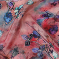 Rust red base viscose fabric with watercolor-style multicolor floral print, 110 Cms, India-D23851