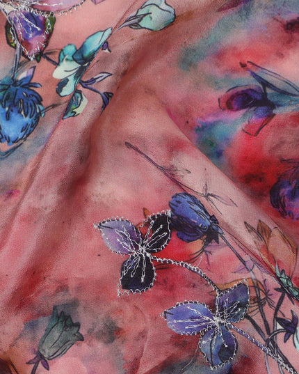 Rust red base viscose fabric with watercolor-style multicolor floral print, 110 Cms, India-D23851