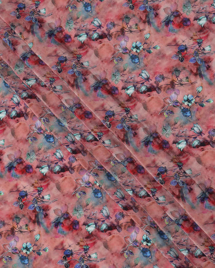 Rust red base viscose fabric with watercolor-style multicolor floral print, 110 Cms, India-D23851