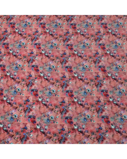 Rust red base viscose fabric with watercolor-style multicolor floral print, 110 Cms, India-D23851