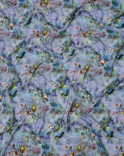 قماش فيسكوز أزرق لافندر أساسي بطبعة زهور وأوراق بألوان مائية متعددة، 110 سم، الهند - D23852