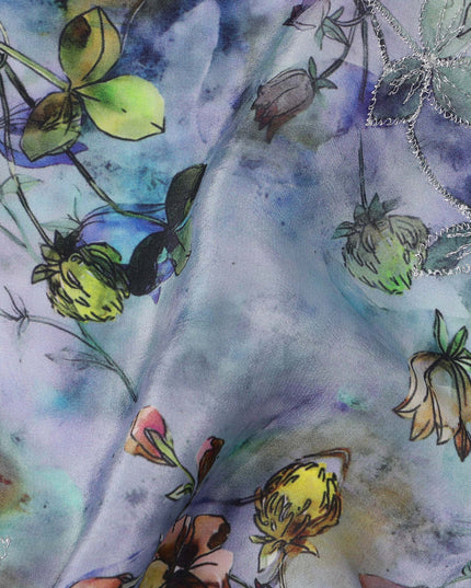 قماش فيسكوز أزرق لافندر أساسي بطبعة زهور وأوراق بألوان مائية متعددة، 110 سم، الهند - D23852