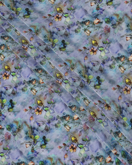 قماش فيسكوز أزرق لافندر أساسي بطبعة زهور وأوراق بألوان مائية متعددة، 110 سم، الهند - D23852