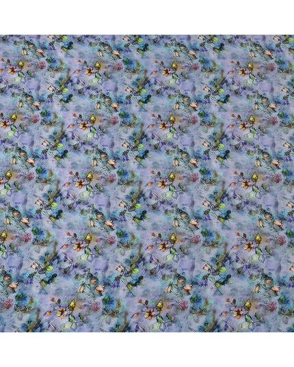 قماش فيسكوز أزرق لافندر أساسي بطبعة زهور وأوراق بألوان مائية متعددة، 110 سم، الهند - D23852