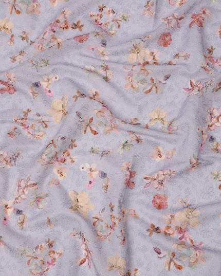 Lavender cotton voile fabric with pastel floral print and delicate thread embroidery, 110 Cms, India-D23853