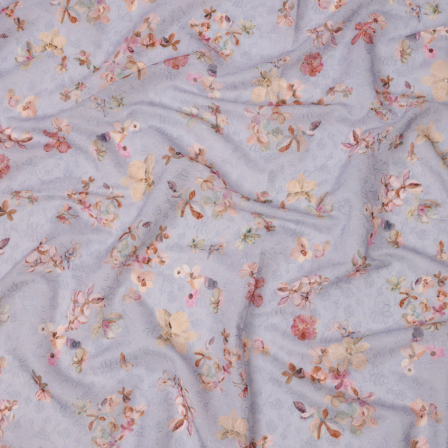 Lavender cotton voile fabric with pastel floral print and delicate thread embroidery, 110 Cms, India-D23853