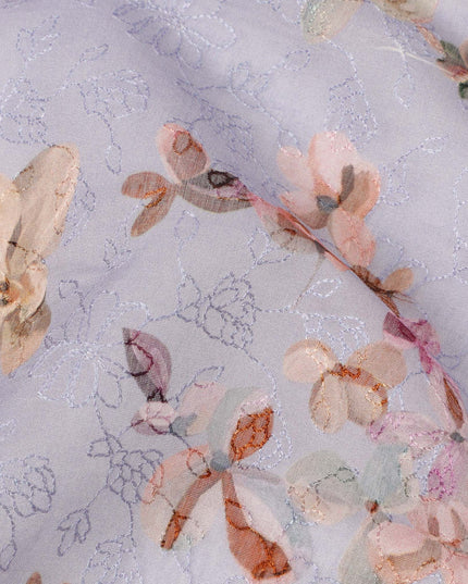 Lavender cotton voile fabric with pastel floral print and delicate thread embroidery, 110 Cms, India-D23853