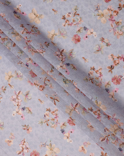 Lavender cotton voile fabric with pastel floral print and delicate thread embroidery, 110 Cms, India-D23853