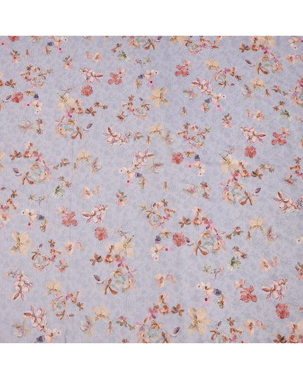 Lavender cotton voile fabric with pastel floral print and delicate thread embroidery, 110 Cms, India-D23853