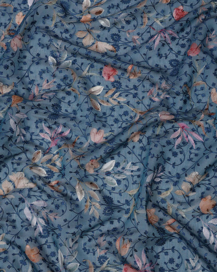 قماش فوال قطني أزرق دينم مع تطريز زهري متناسق وطبعة زهرية باستيلية متعددة الألوان، 110 سم، الهند-D23857