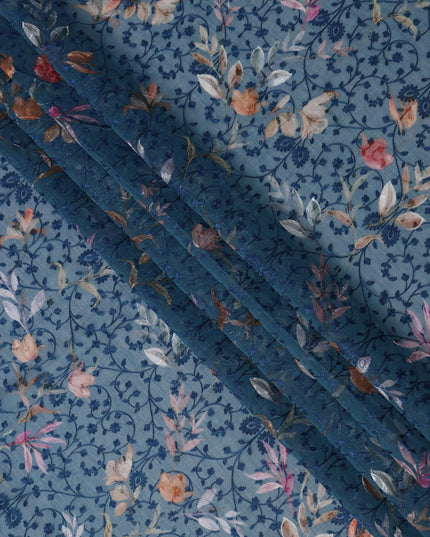 قماش فوال قطني أزرق دينم مع تطريز زهري متناسق وطبعة زهرية باستيلية متعددة الألوان، 110 سم، الهند-D23857