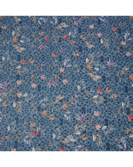قماش فوال قطني أزرق دينم مع تطريز زهري متناسق وطبعة زهرية باستيلية متعددة الألوان، 110 سم، الهند-D23857