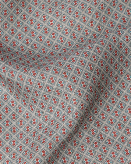قماش فوال قطني رمادي بطبعة زهور عرقية صغيرة باللونين الأحمر والأبيض، 110 سم، الهند - D23861